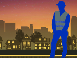 Illustration of public works professional against a community skyline